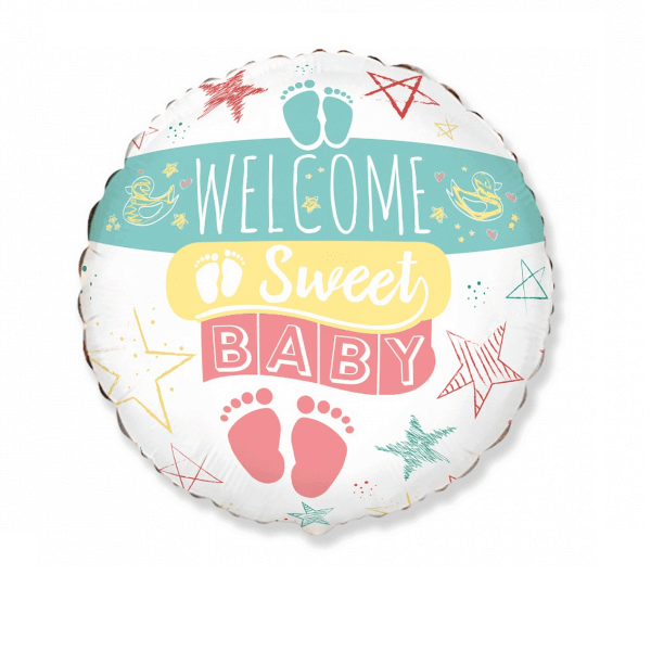 Apvalus helio balionas naujagimio sutiktuvėms „Welcome sweet baby“